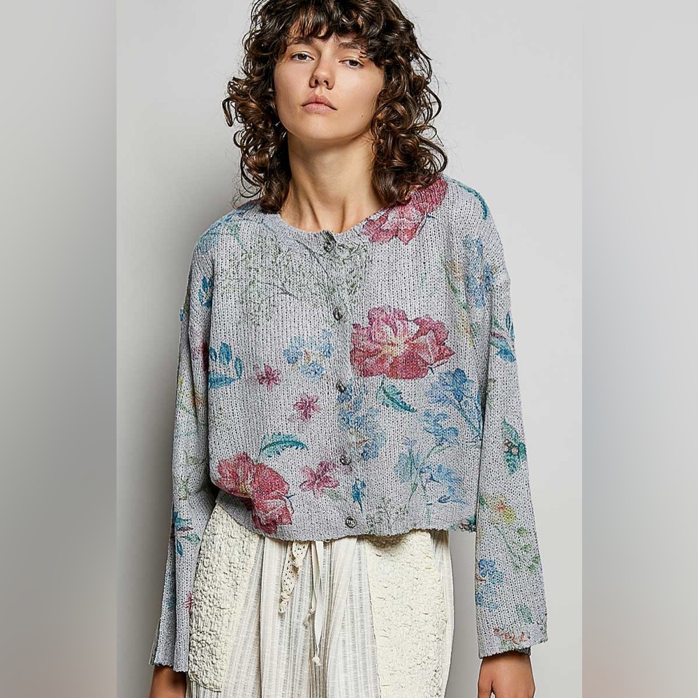 POL Floral Print Button-Down Knit Cardigan